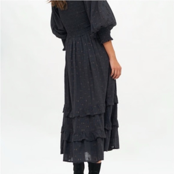 Oliphant Smocked Top Ruffle Midi- Midnight Black/Gold Tiered Dress, Size SMALL - Picture 5 of 17